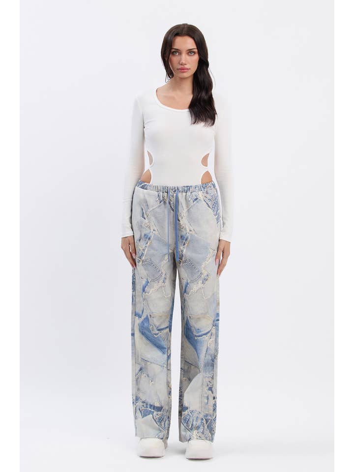 No Vacancy - Wholesale Pants - Women's - Denim print wide legged pants w/ drawstring2