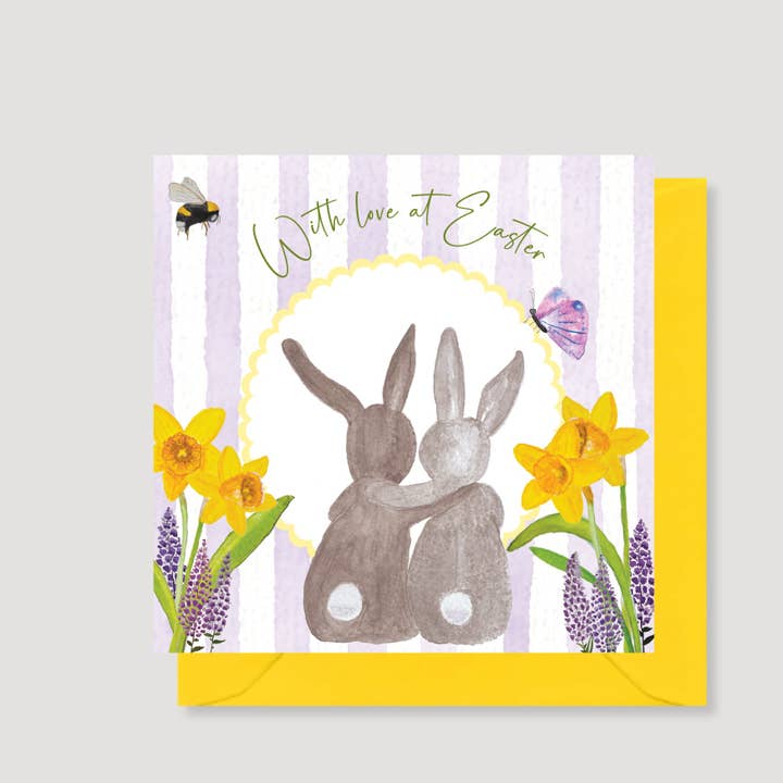 With love at Easter - hand painted eco-friendly bunnies card for wholesale by Heather Trefusis Art - Greeting Cards (*US Duties Paid*)