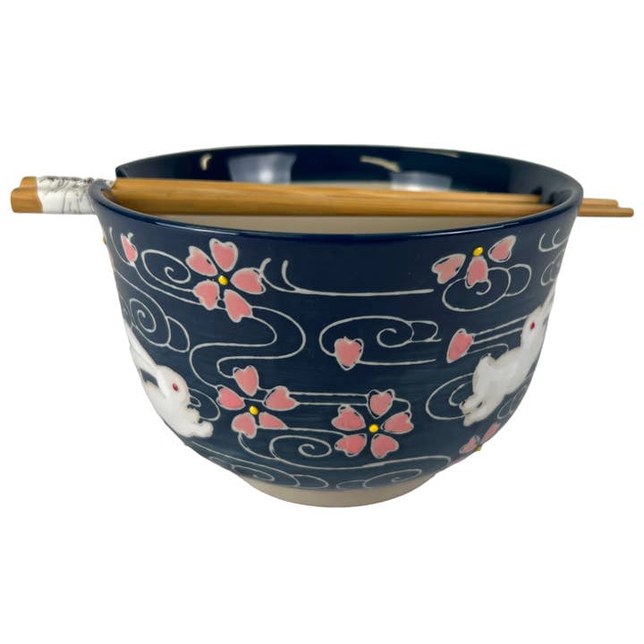 24oz 6"Dx4"H Noodle Bowl With Chopsticks Set Sakura Rabbit Design (4/16) for wholesale by Urban Tokyo