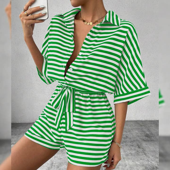 UNISHE - Wholesale Romper - Women's - Summer Striped Lapel Button-Up Belted Shorts Romper AXR12919