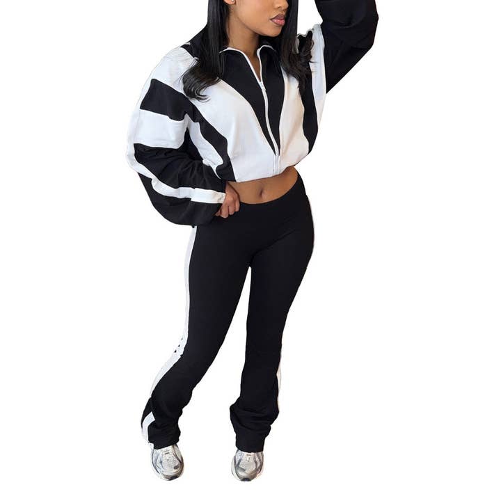 MB Fashion Wholesale - Wholesale Top & Pant Set (NOT Loungewear) - Women's - EVERY FASHION Zip-Up Crop Jacket & High-Waist Jogger Set HR25015