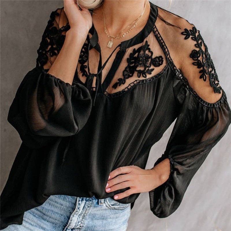 ShieldChic - Wholesale Blouse - Women's - Loose Plain Hollow Long Sleeve Chiffon Blouse2