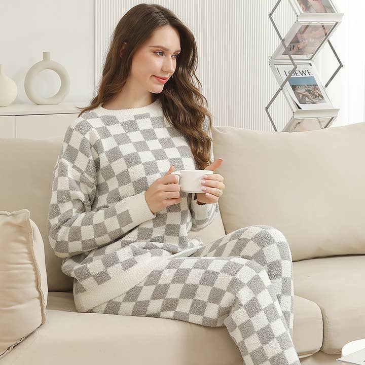 Fashion City - Wholesale Sweatshirt - Women's - Checkered Pullover Sweater Lounge Pajama Top9