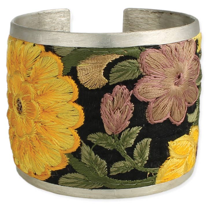 ZAD - Vente Bracelet manchette - Bracelet manchette Elegance Brodé Fleur Jaune