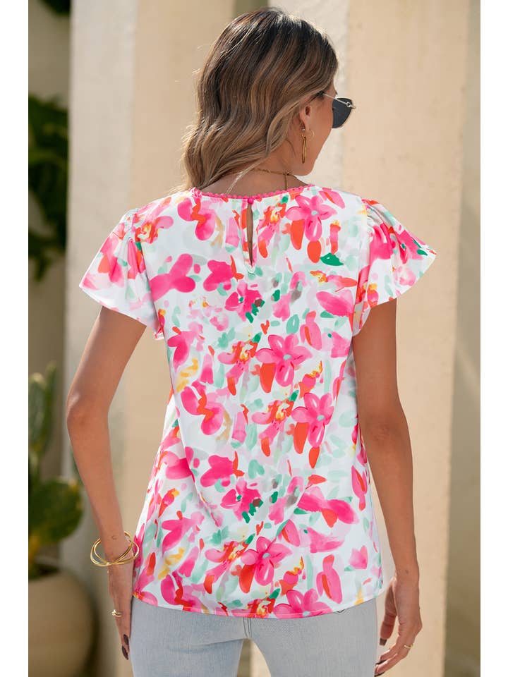 Rose LDC Floral Print Flutter Sleeve Round Neck Casual Blouse for wholesale on Faire