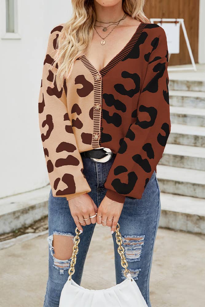UNISHE - Wholesale Cardigan - Women's - V Neck Button Leopard Colorblock Cardigan MD0071