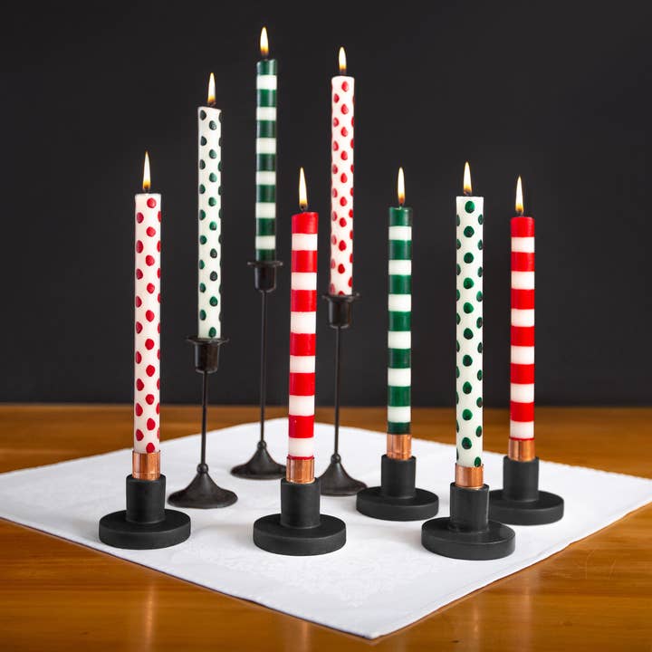 Thumbprint Artifacts - Wholesale Tapered Candle/Candlestick - Green Dots & Stripes Tapers - Gift Box of 4