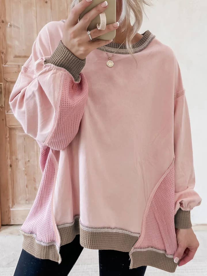Color Block Mix Texture Waffle Patchwork Oversize Sweatshirt for wholesale by FULL TIME PURCHASE