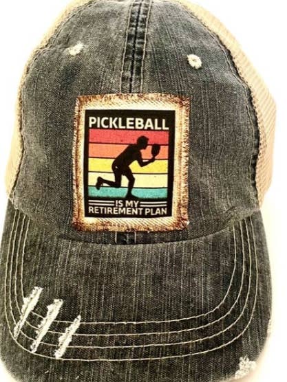 "PICKLEBALL MY RETIREMENT PLAN" DISTRESSED TRUCKER HAT #261 for wholesale by Jana's Flannels