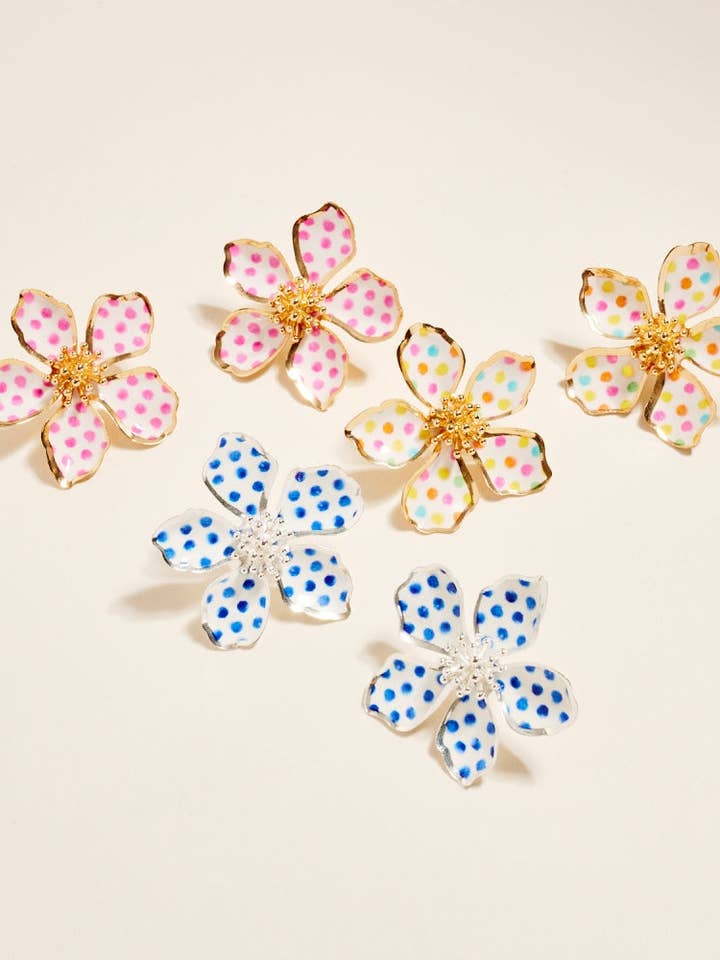 1.75 In Polka Dot Print Metal Flower Post Earrings for wholesale by Designature New York