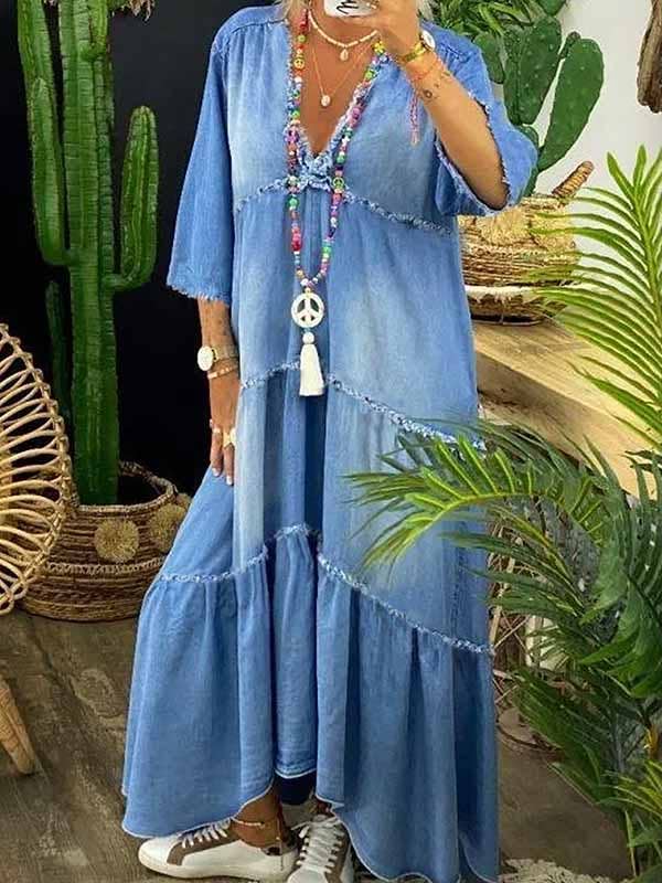BLUE Half Sleeves Loose Fringed Pleated Split-Joint V-Neck Maxi Dresses for wholesale on Faire