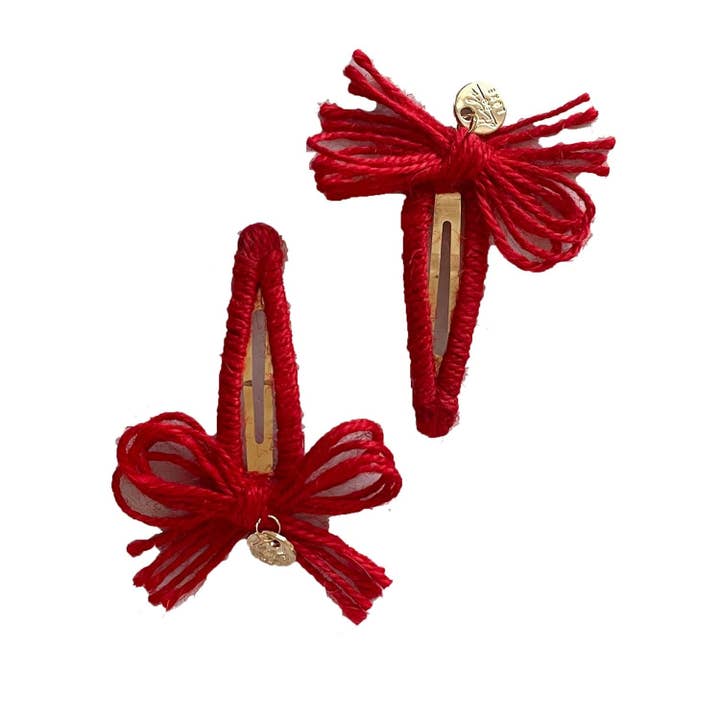 Goldie Woolen Yarn Double Bow Clip Red for wholesale by Halo Luxe
