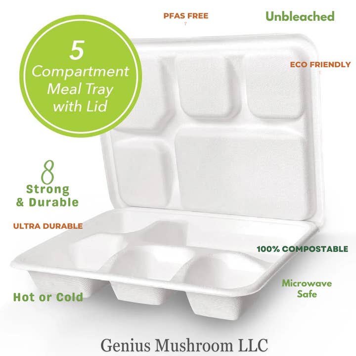 GeniusMushroom - Wholesale Disposable Plate - Disposable 5 compartment Tray With Lid, Bagasse Meal Tray1