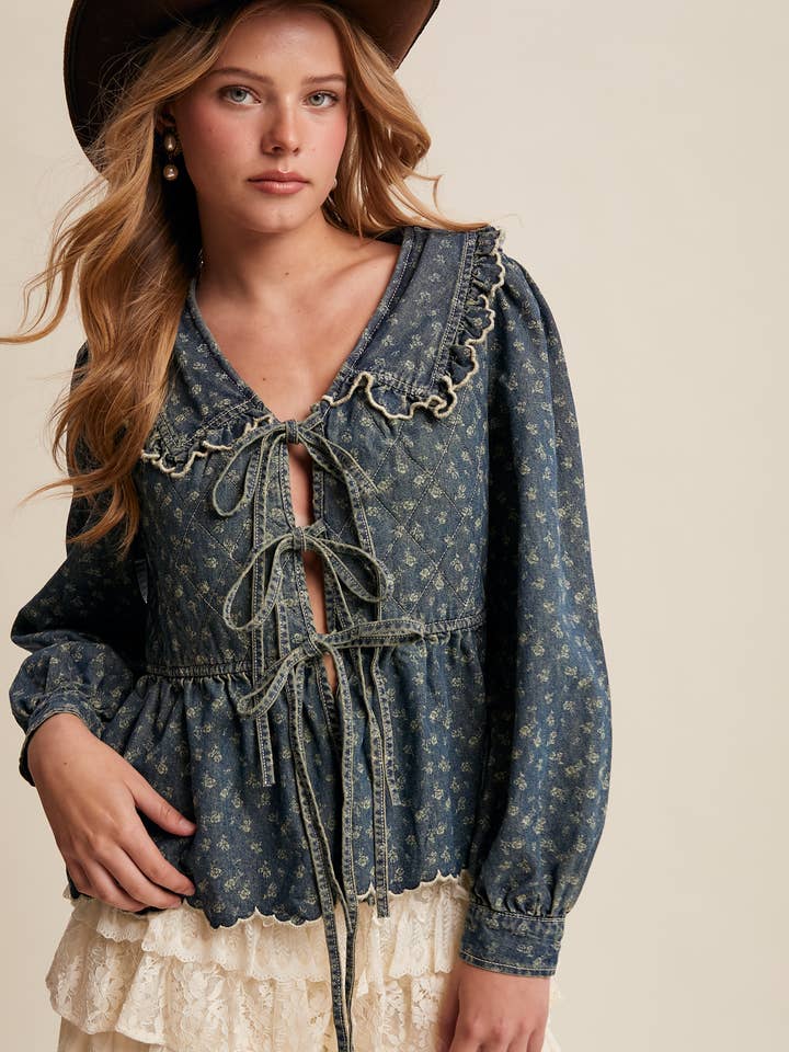 Rufflekrave Slå-om Denimbluse LJ0265 for engroshandel hos Listicle