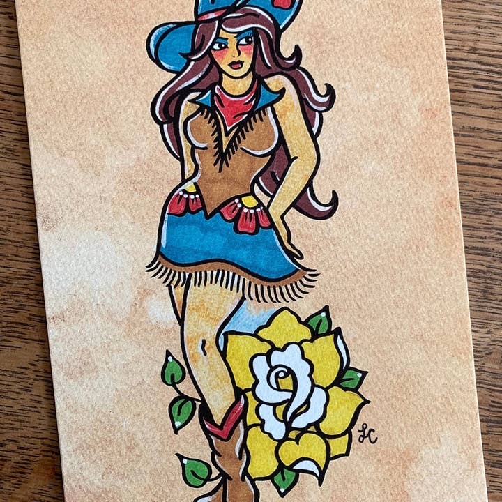 Impression d'art de tatouage traditionnel américain pin-up cowgirl pour la vente par Illustrated Ink