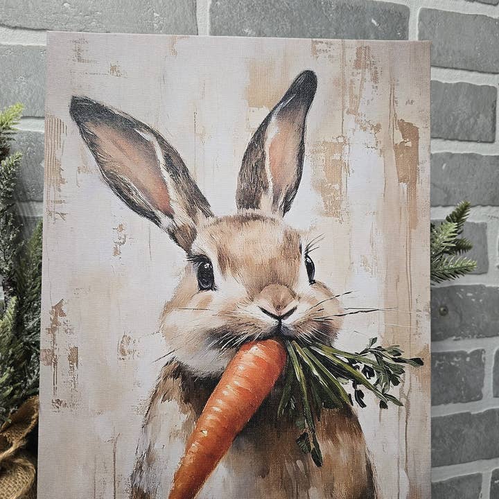 Bunny with Carrot Canvas Wall Art for wholesale by Shut The Front Door KC