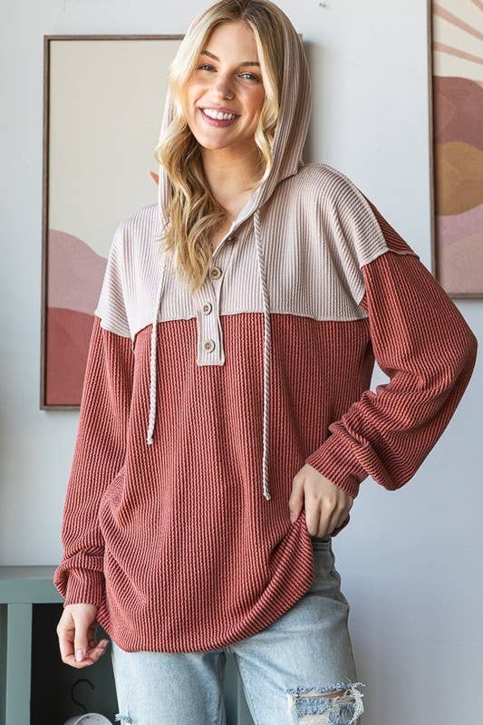 Sunday Morning – Großhandel Hoodie – Damen – T4577HE10-SOLIDE URBANE GERIPPTE KONTRAST-KAPUZENPULLOVER2