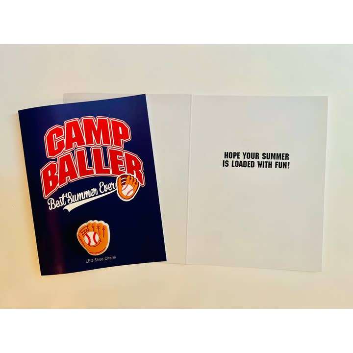 Camp Baller Grußkarte mit LED-Baseball-Schuhanhänger für den Großhandel von Sunny Marshmallow