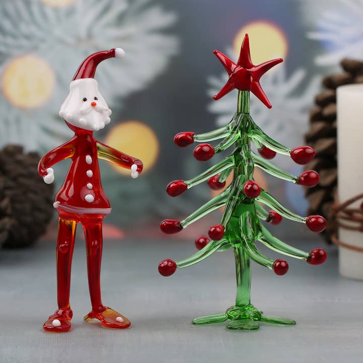 Escultura de cristal de Papá Noel y árbol de Navidad, arte de decoración navideña para venta al por mayor de Adamodart