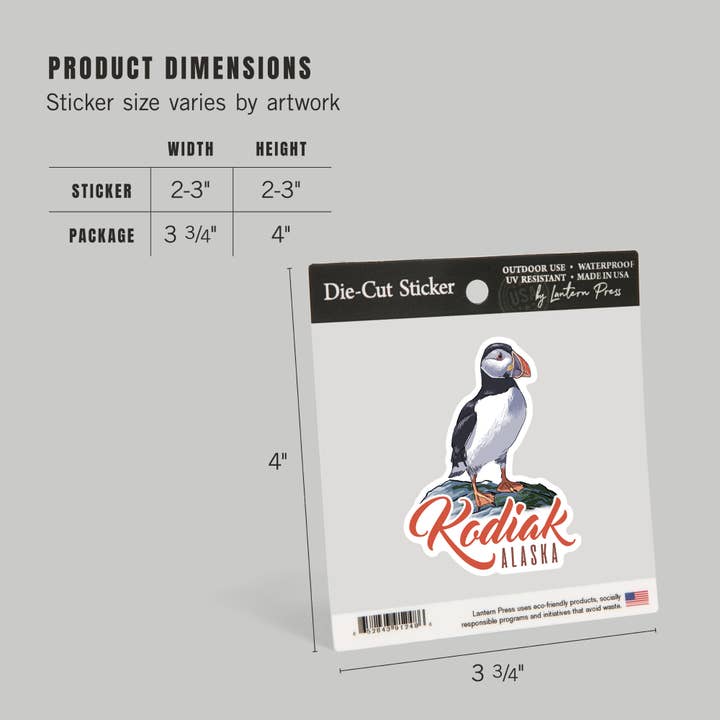 Lantern Press - Wholesale Sticker - STICKER Kodiak, Alaska, Puffin4