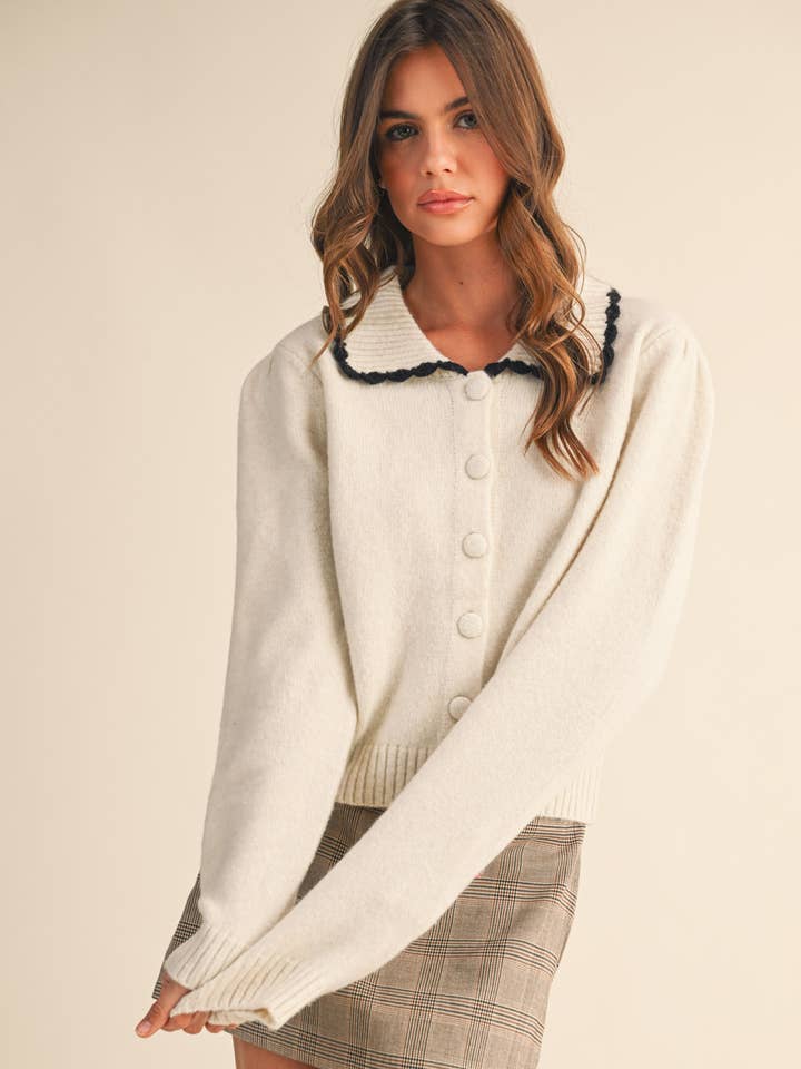 CONTRAST SCALLOPED COLLAR SWEATER CARDIGAN MSW11141 for wholesale by &MERCI
