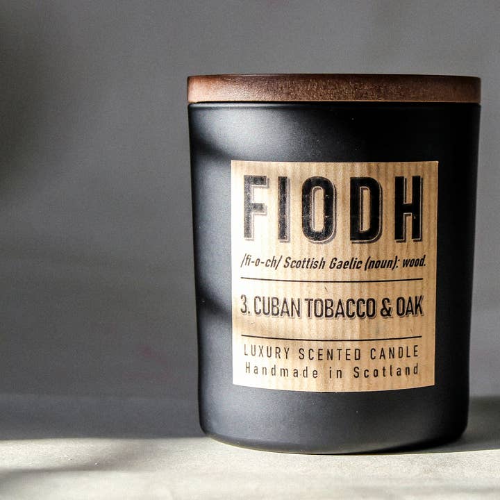 Fiodh 3: Cuban Tobacco and Oak Scottish Candle for wholesale by Hamilton and Morris Candlemakers