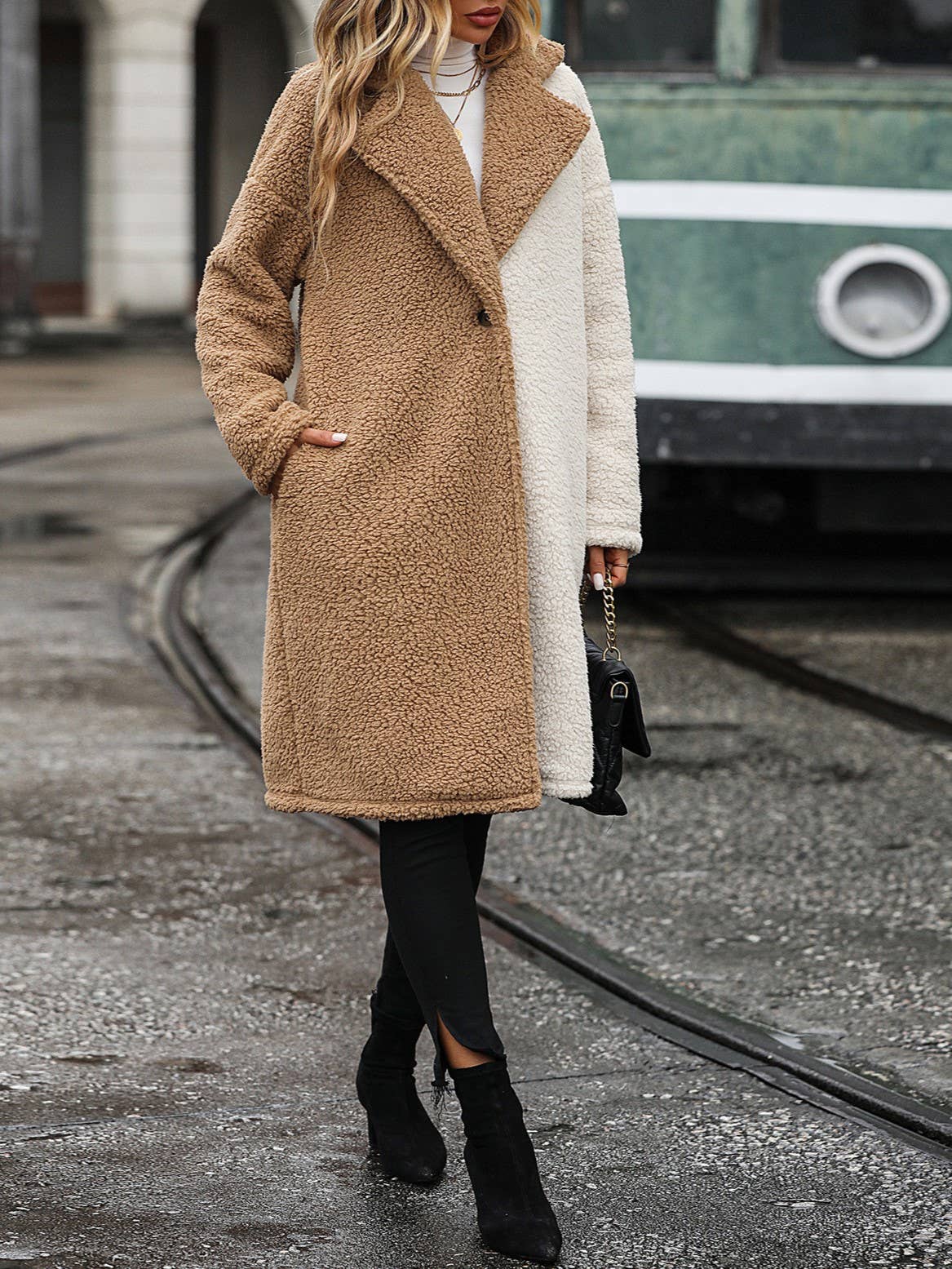 Camel Contrast faux fur teedy sherpa longline coat for wholesale on Faire2