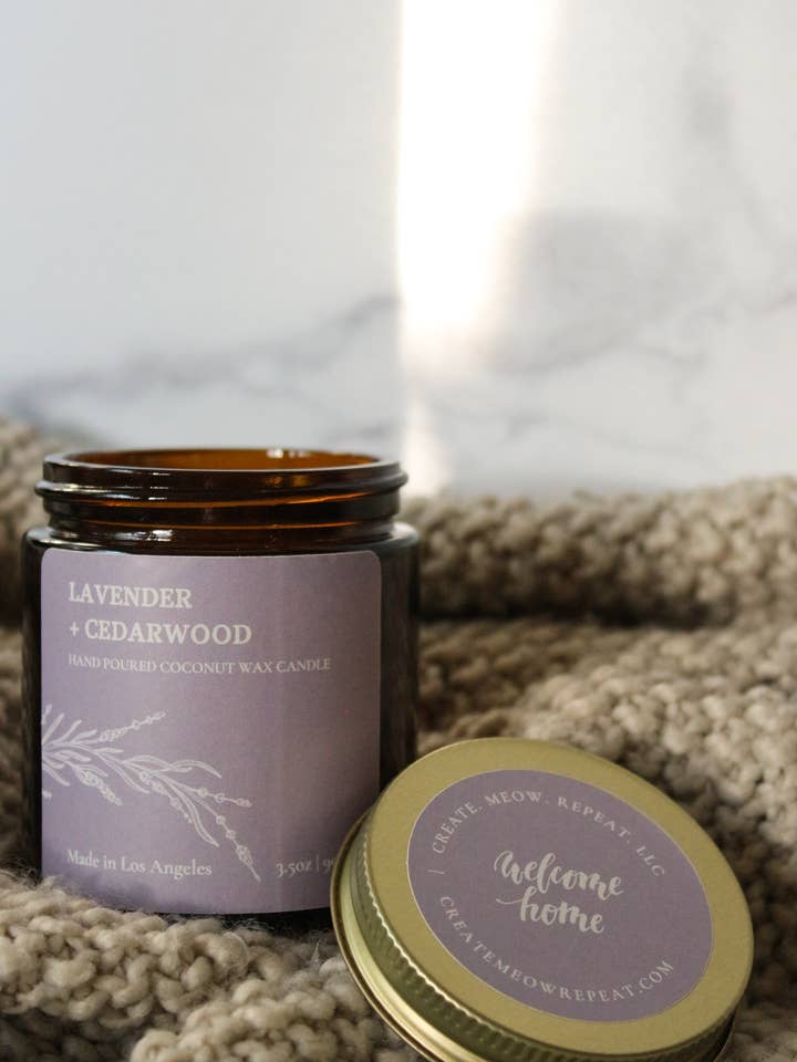 Lavender + Cedarwood - coconut wax candle for wholesale by Create. Meow. Repeat. LLC