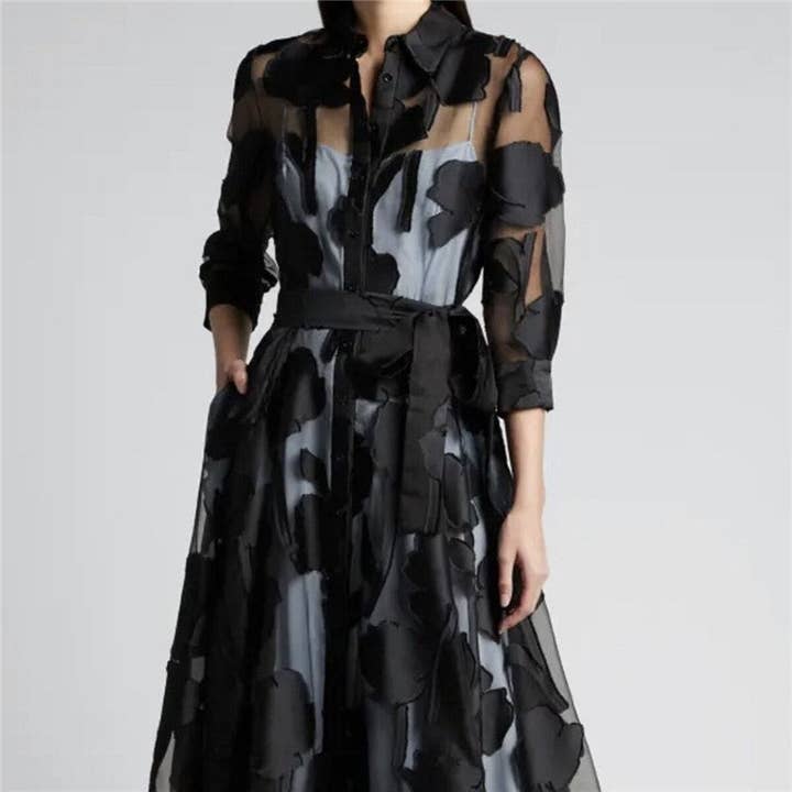 BLACK Solid Color Semi-Transparent Long Sleeves Midi Dress for wholesale on Faire1