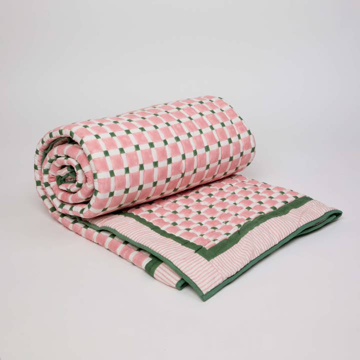 Craft Boat - Wholesale Quilt - BLOCK PRINTED QUILT - CHECKERBOARD PINK-GREEN