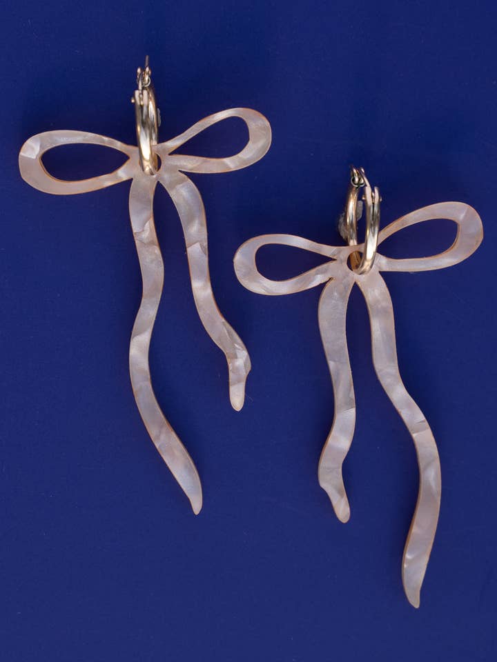 Pearlescent Beige Dangly Bow Hoop Earrings for wholesale by Cuteryko
