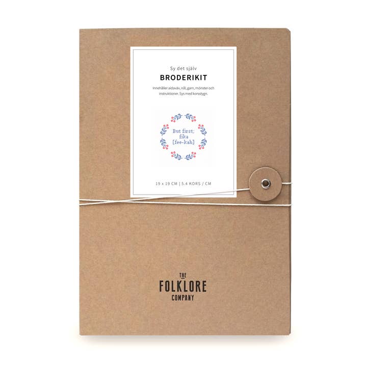 The Folklore Company – wholesale Embroidery/cross-stitch supplies – Cross stitch kit with aida – But first fika