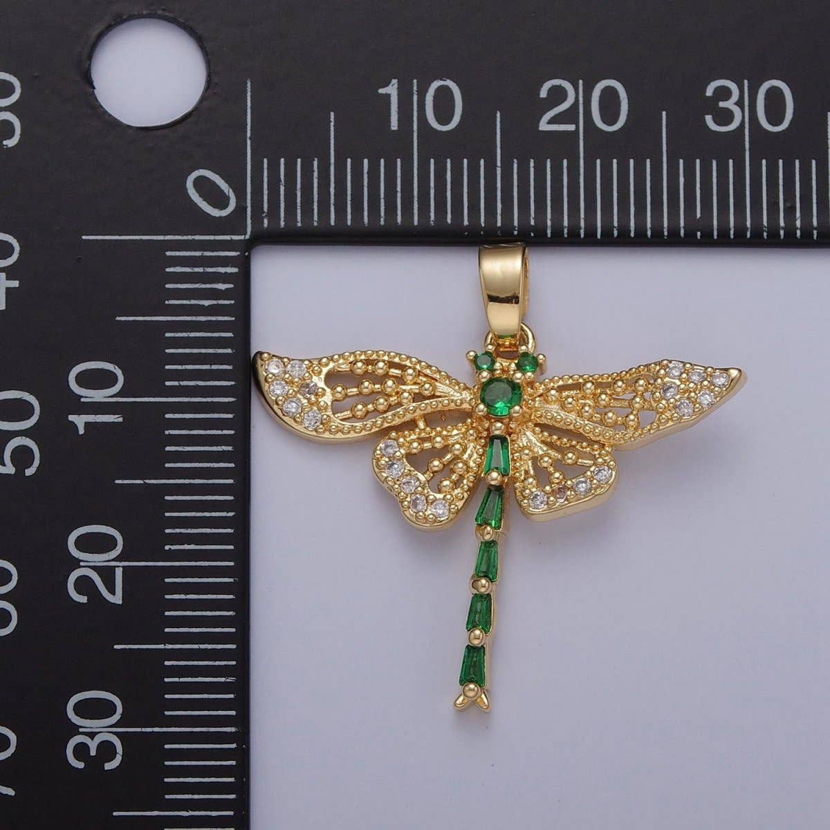 Aim Eternal - Wholesale Individual Charm/Pendant - Green Emerald CZ Dragon Fly Necklace Charm Gold Insect Pendant Jewelry X-3241