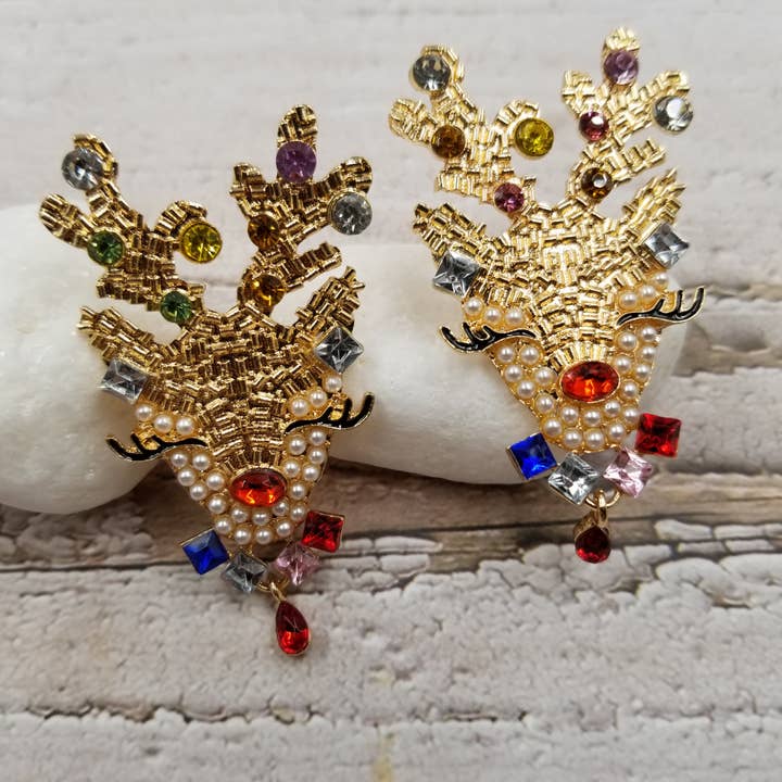 Deer Earrings Reindeer With Gemstones for wholesale by Treasure Wholesale