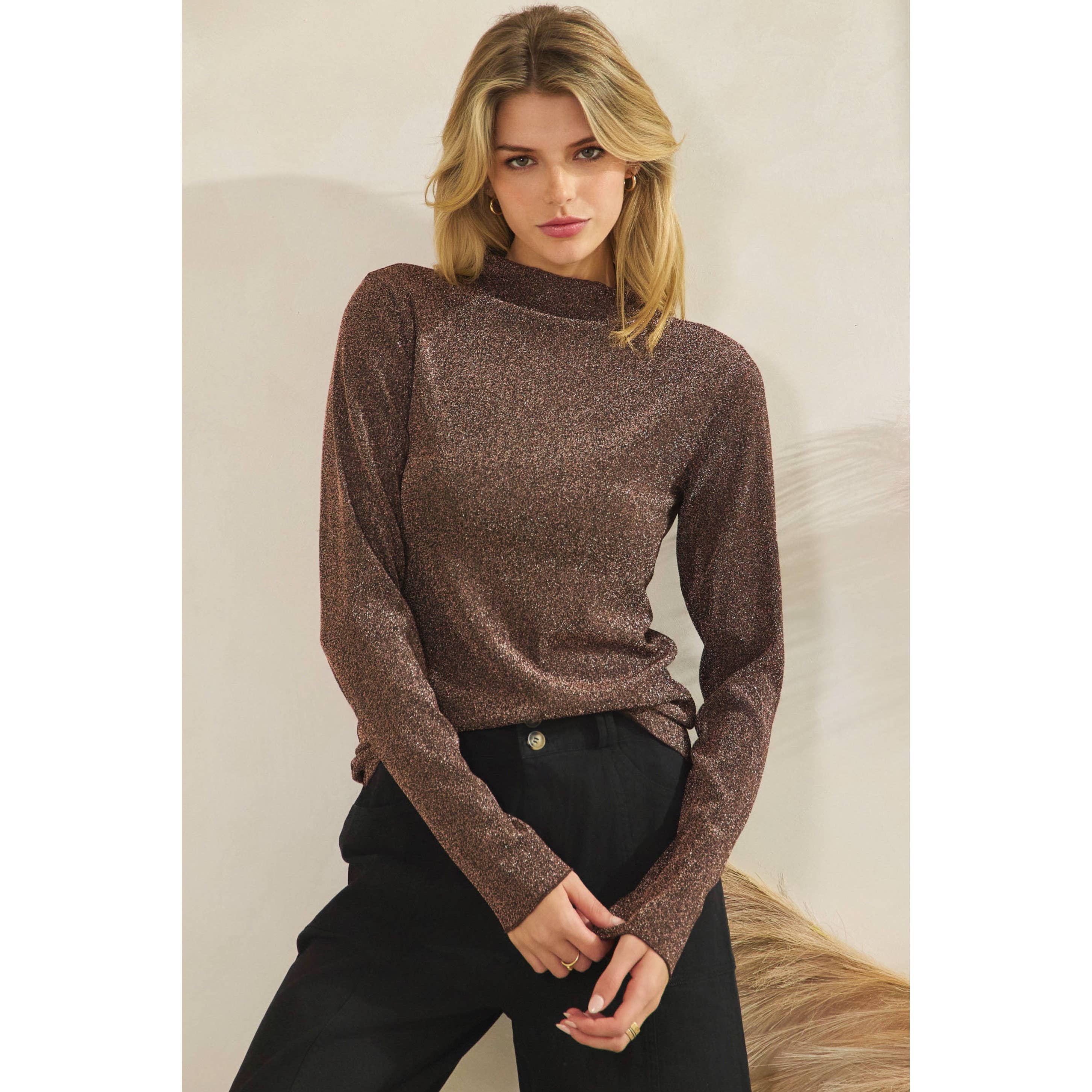 Sage + Fig – wholesale Blouse – Women’s – GLITTER MOCK NECK STRETCHY FITTED TOP (ST7493)10