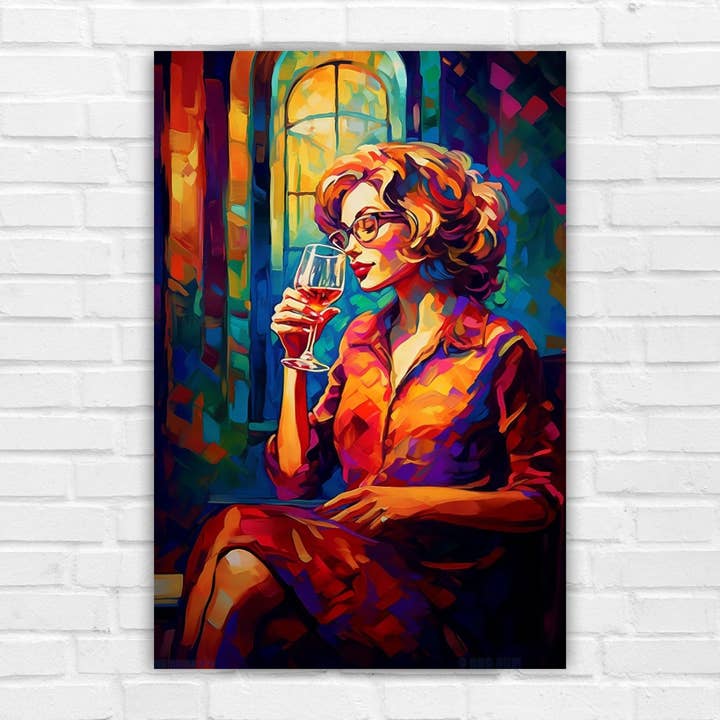 Psychedelic Woman Sipping Wiine for wholesale by Suave Art Prints