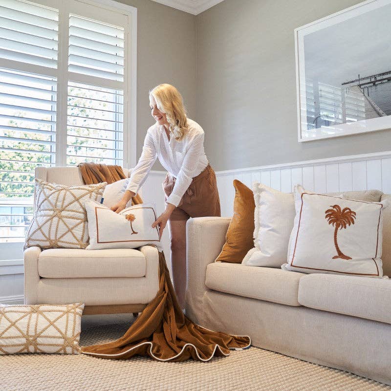 Mirage Haven - Vente Housse de coussin - Housse de coussin Palm Tree marron et blanc 50 cm x 50 cm PALM COVE1