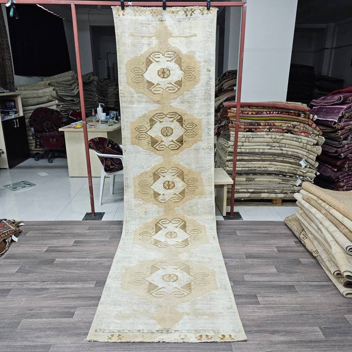 Hand Knotted Wool Oushak Runner: Neutral Turkish Hallway Rug (3x11) for wholesale by MesopotamiaRugs