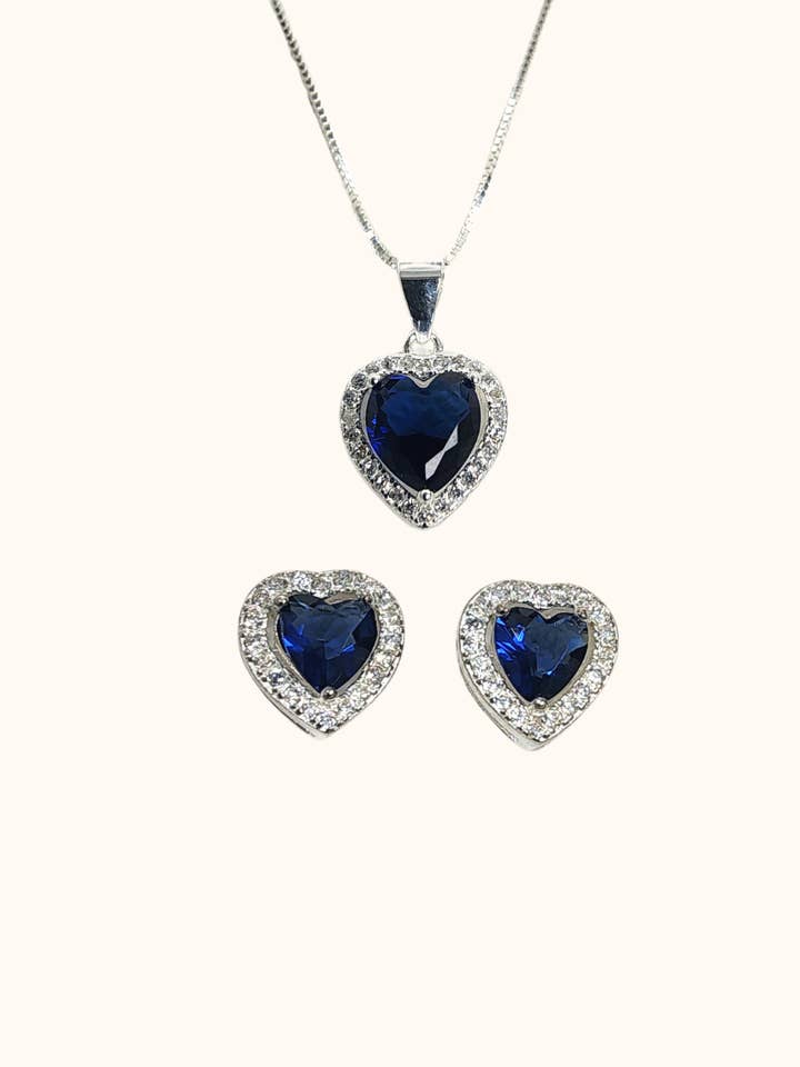 Sapphire Heart Pendant and Earring Set | Sterling Silver for wholesale by The Mira Shoppe