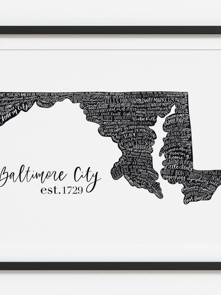 Baltimore City, Maryland Hand Lettered 11x14 Art Print for wholesale by the letters mdn