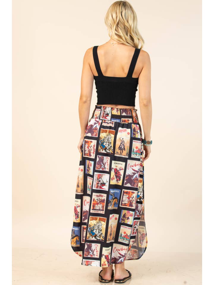 Negro Multi FALDA DE CINTURA ELÁSTICA AHUMADA CON ESTAMPADO VAQUERO VINTAGE AV1213-TESS de venta al por mayor en Faire