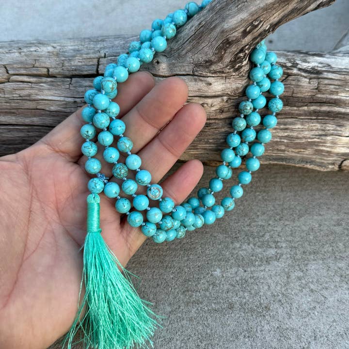 Lungta Imports – Engroshandel Bedehalskæde – Tibetansk buddhistisk turkis håndknyttet mala, rosenkrans med 108 perler, japa mala, meditationsmala, malakæde, gratis silkepose