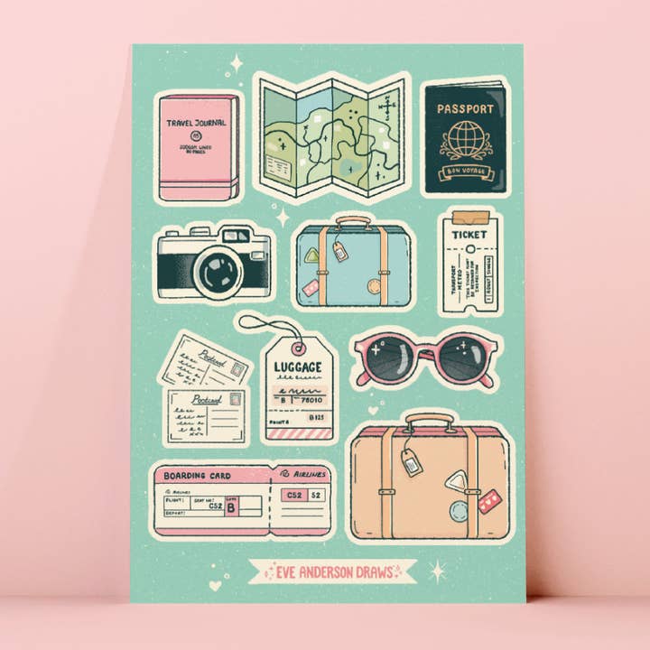 Travel Sticker Sheet - A6 for wholesale by Eve Anderson Draws