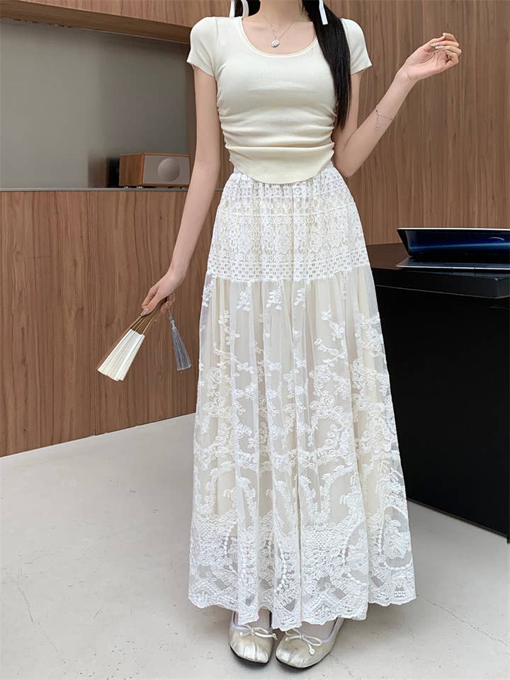 PEACH ACCESSORIES – wholesale Skirt – Women’s – Elegant Lace Maxi Skirt with Layered Design SK2011