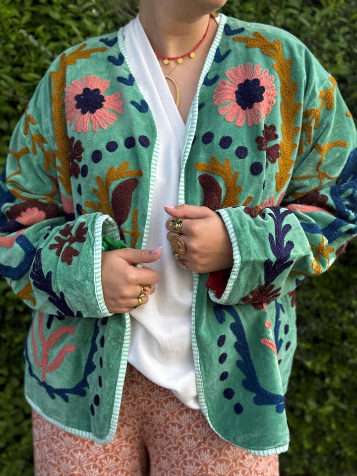 ToutVintage - Wholesale Jacket - Women's - Suzani Embroidery cotton jacket LOVE light turquoise