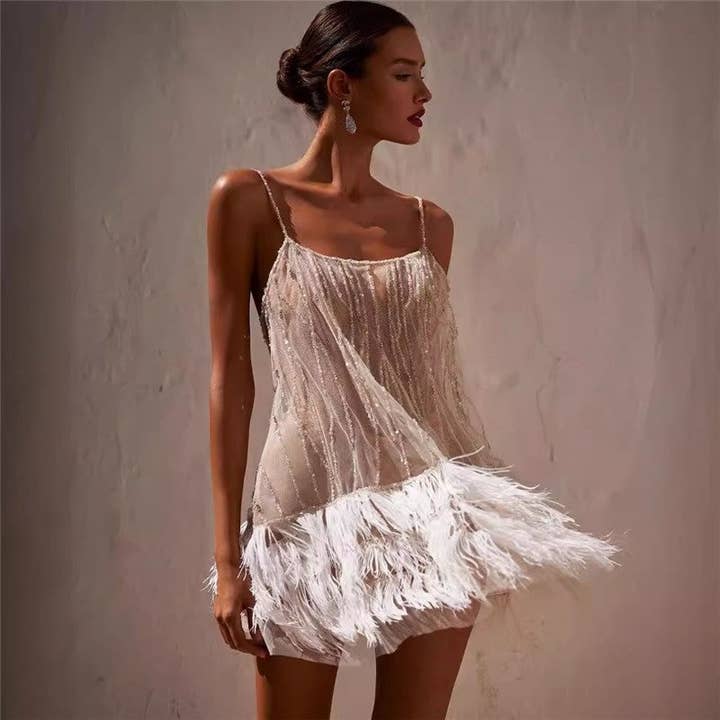WHITE Tassel Halter Neck Evening Dress With Bodycon Mini Skirt for wholesale on Faire