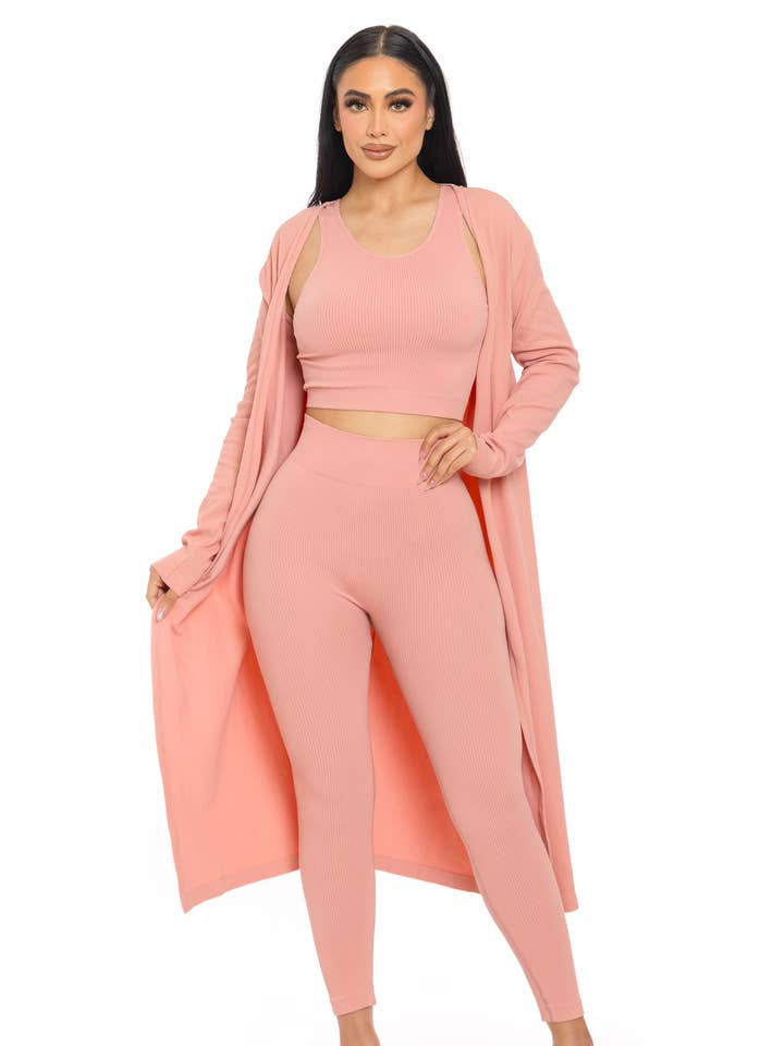 3 Pcs Seamless Crop Tank Top Legging Cardigan Set for wholesale by Lime All the Time