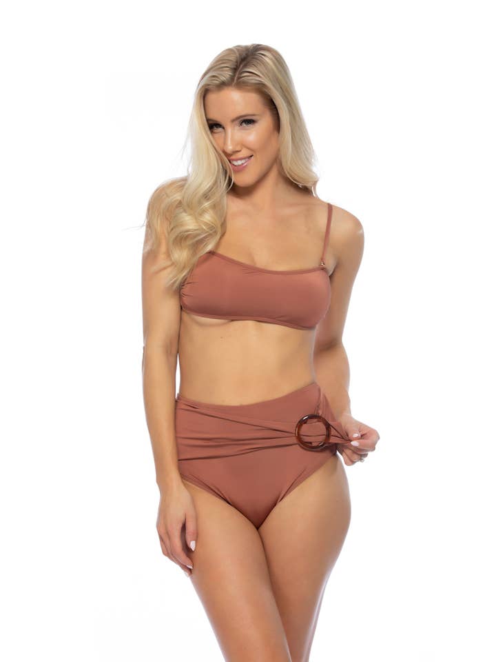 Pick Pink - Wholesale Two Piece Swimsuit - Women's - 522038-SOLID BANDEAU BIKINI TOP WITH RING BELTED BOTTOM