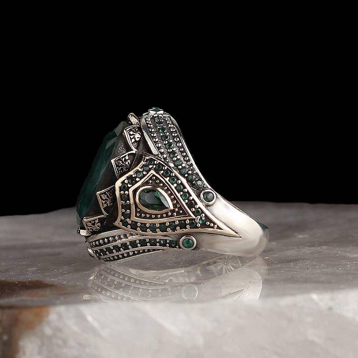 Ephesus Jewelry - Vente Bague de cocktail/de cérémonie - Bague émeraude pour homme en argent sterling massif2