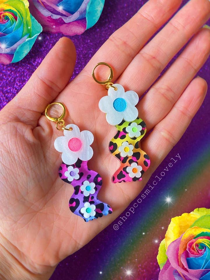 Rainbow Leopard Wavy Daisy Earrings for wholesale by Cosmic lovely